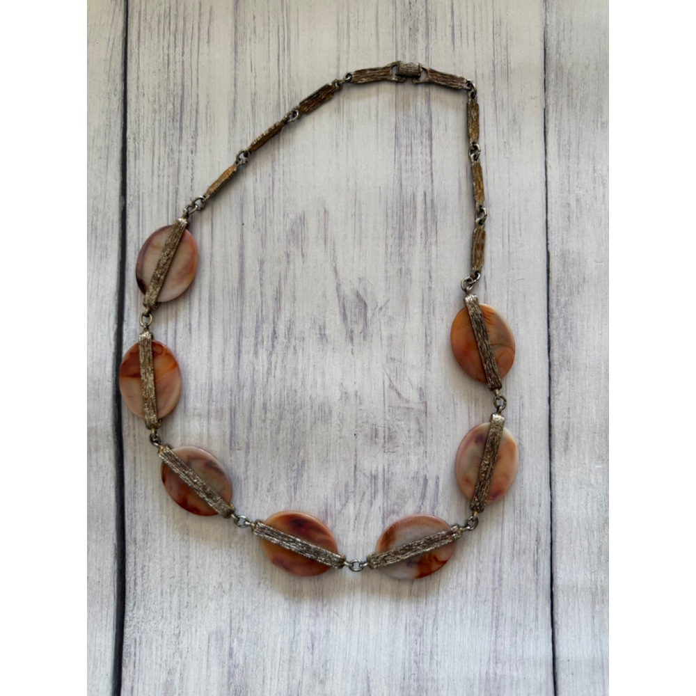 Women's vintage Orange and Silver Oval Bead Necklace, One Size